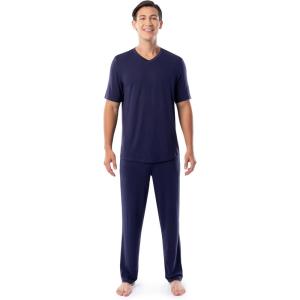 Fruit of the Loom mens 360 Stretch Short Sleeve V-neck Top and Pant Sleep Pajama Set(Navy)