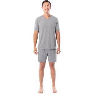 Fruit of the Loom mens 360 Stretch Short Sleeve V-neck Top and Short Sleep Pajama Set(Grey Heather)
