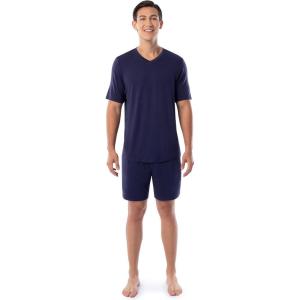 Fruit of the Loom mens 360 Stretch Short Sleeve V-neck Top and Short Sleep Pajama Set(Navy)