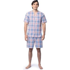 Fruit of the Loom mens Broadcloth Short Sleeve Pajama Set(Ivory/Blue/Red Plaid)