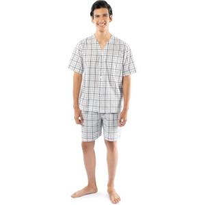 Fruit of the Loom mens Broadcloth Short Sleeve Pajama Set(Natural/Green Plaid)