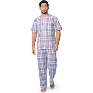 Fruit of the Loom mens Broadcloth Short Sleeve Top and Long Pants Pajama Set(Ivory/Blue/Red Plaid)