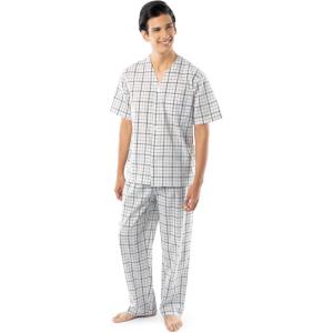 Fruit of the Loom mens Broadcloth Short Sleeve Top and Long Pants Pajama Set(Natural/Green Plaid)
