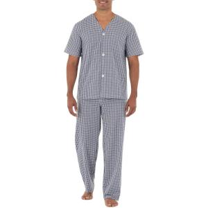 Fruit of the Loom mens Broadcloth Short Sleeve Top and Long Pants Pajama Set(Navy/White Check)