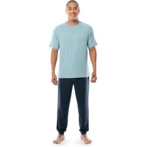 Fruit of the Loom mens French Terry Top and Jogger Sleep Pajama Set(Light Blue/Navy)