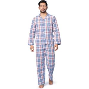 Fruit of the Loom mens Long Sleeve Broadcloth Pajama Set(Ivory/Blue/Red Plaid)