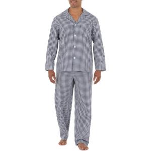 Fruit of the Loom mens Long Sleeve Broadcloth Pajama Set(Navy/White Check)