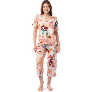 Fruit of the Loom womens 360 Stretch Ruffle Sleeve V-neck Tee and Capri Sleep Pajama Set(Painter’s Palette)