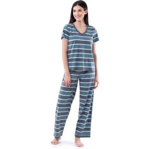 Fruit of the Loom womens Short Sleeve Tee and Pant 2 Piece Sleep Set(Blue Stripe)