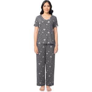 Fruit of the Loom womens Short Sleeve Tee and Pant 2 Piece Sleep Set(Charcoal/Hearts)