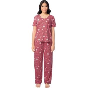 Fruit of the Loom womens Short Sleeve Tee and Pant 2 Piece Sleep Set(Red/Hearts)