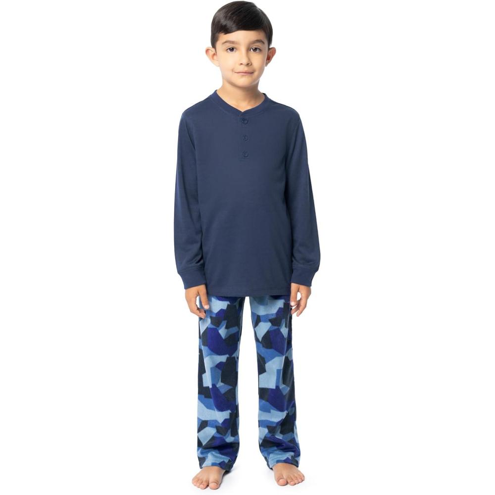 imageFruit of the Loom boys Long Sleeve Jersey Henley Top and Fleece Pant Sleep Pajama SetNavyCamo