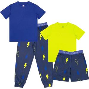 Fruit of the Loom Boys’ Getaway Loose Fit 4-Piece Pajama Set(Calypso Blue/Bolts)