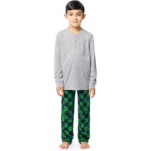 Fruit of the Loom boys Long Sleeve Jersey Henley Top and Fleece Pant Sleep Pajama Set(Grey Heather/Green/Navy)