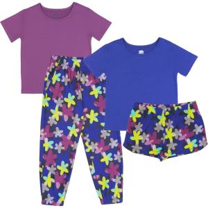 Fruit of the Loom girls Getaway Loose Fit 4-piece Pajama Set(Fuchsia/Retro Floral)