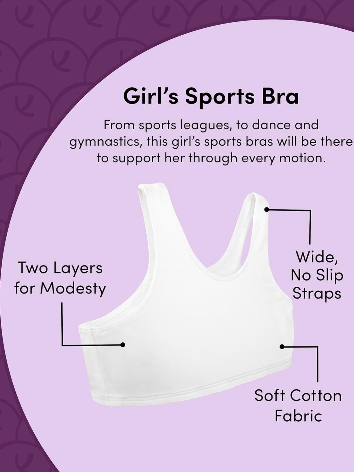imageFruit of the Loom Girls Multi Pack Cotton Built Up Stretch Sports Bra Available in 6 PacksDancing RosebudRoseHyacinthGreyNudeBlue