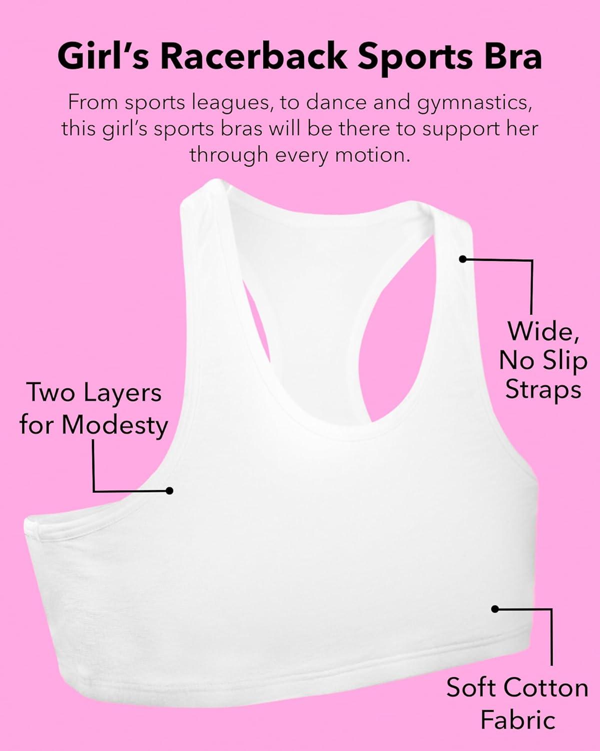 imageFruit of the Loom Girls Multi Pack Cotton Built Up Stretch Sports Bra Available in 6 PacksGrey With BlackWhiteBlack 6pack