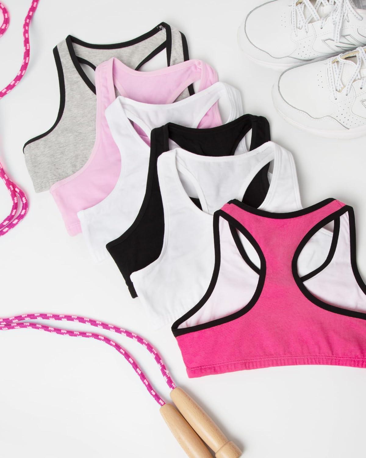 imageFruit of the Loom Girls Multi Pack Cotton Built Up Stretch Sports Bra Available in 6 PacksGrey With BlackWhiteBlack 6pack