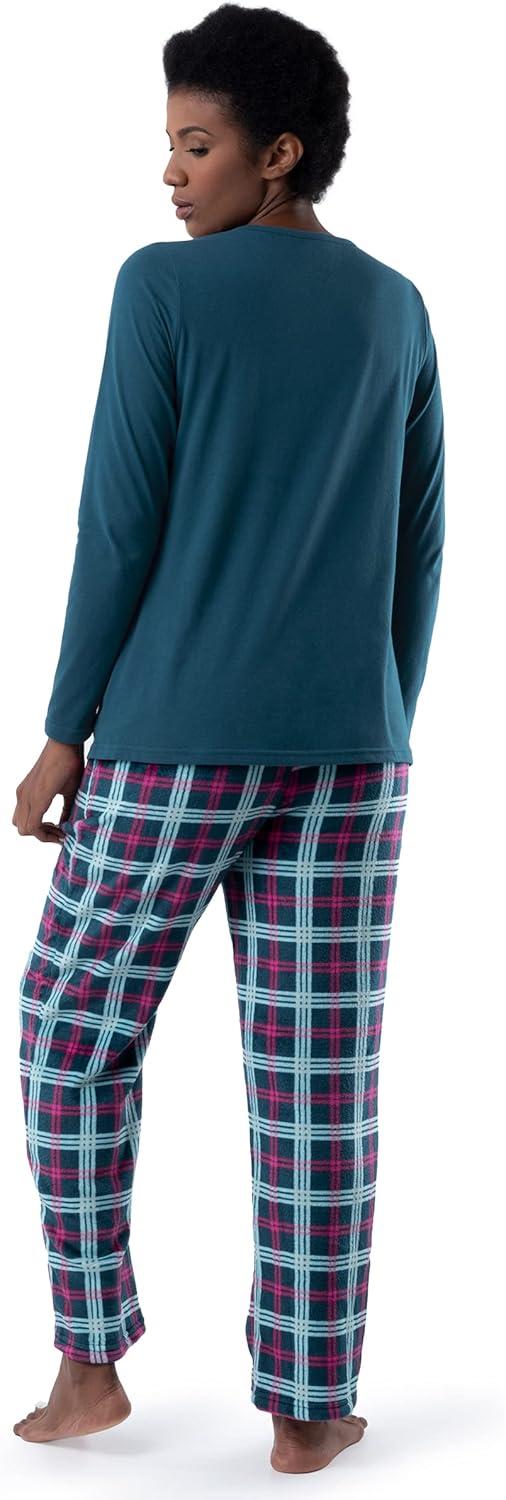 imageFruit of the Loom womens Sueded Jersey Crew Top and Fleece Pant Sleep SetMidnight BlueTartan Plaid