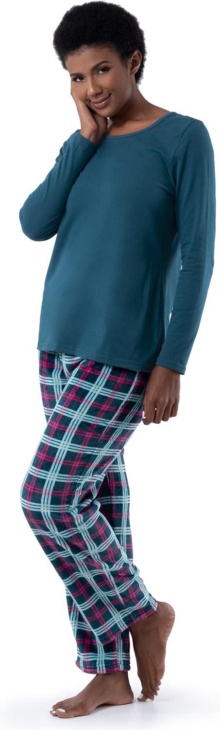 imageFruit of the Loom womens Sueded Jersey Crew Top and Fleece Pant Sleep SetMidnight BlueTartan Plaid