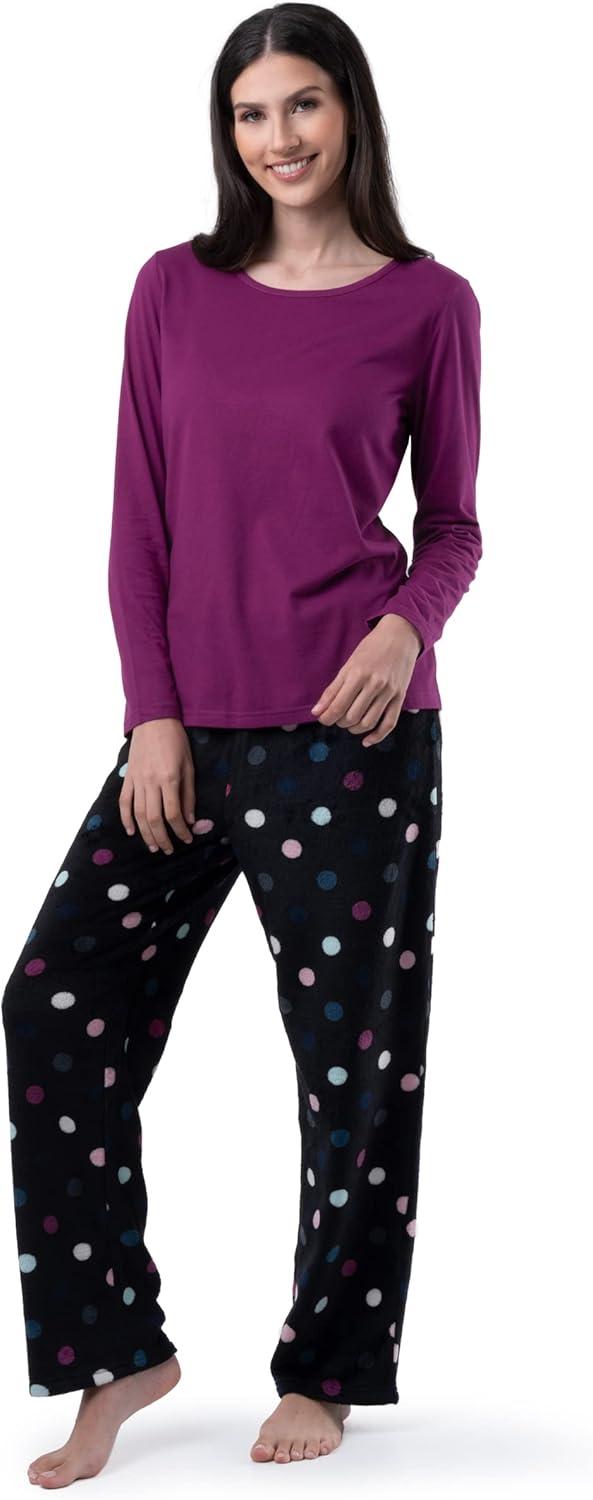 imageFruit of the Loom womens Sueded Jersey Crew Top and Fleece Pant Sleep SetRoyal BerryMulti Dots