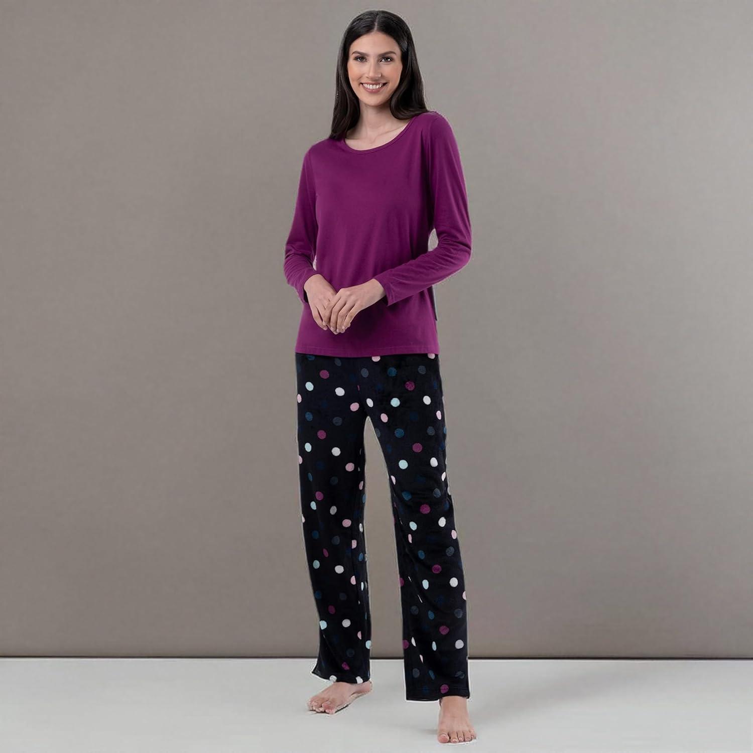 imageFruit of the Loom womens Sueded Jersey Crew Top and Fleece Pant Sleep SetRoyal BerryMulti Dots