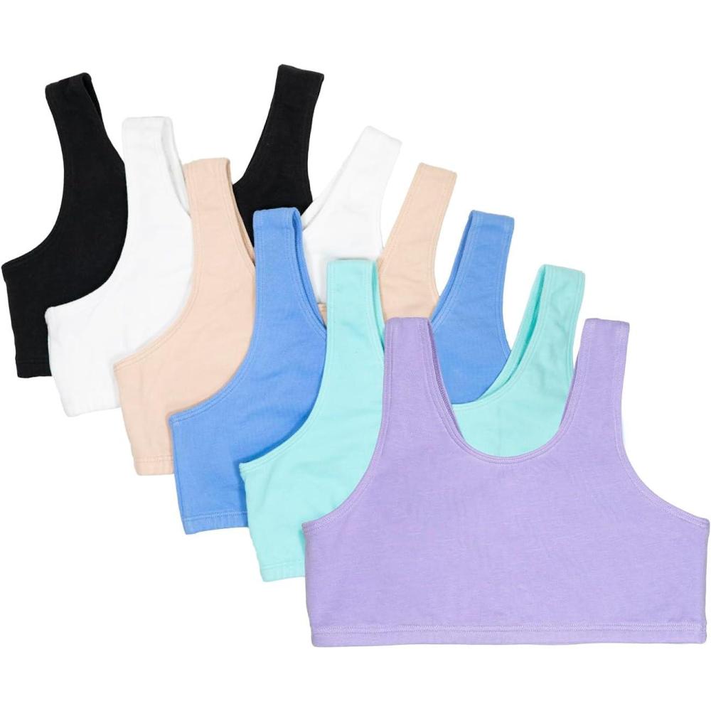 imageFruit of the Loom Girls Multi Pack Cotton Built Up Stretch Sports Bra Available in 6 PacksAruba BlueHyacinthCornflower BlueLight NudeWhiteBlack