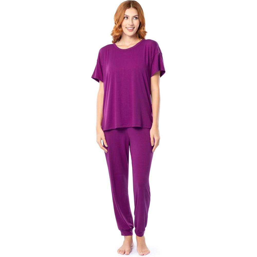 imageFruit of the Loom womens Breathable Short Sleeve Top and Jogger Pant Sleep Pajama SetBoysenberry