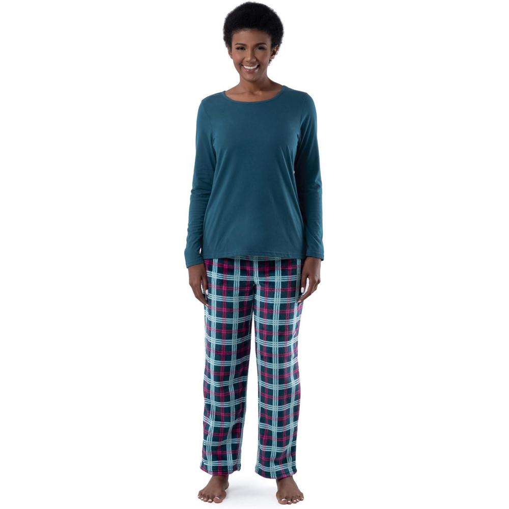 imageFruit of the Loom womens Sueded Jersey Crew Top and Fleece Pant Sleep SetMidnight BlueTartan Plaid