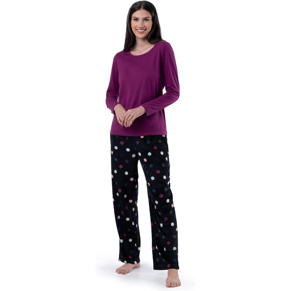 imageFruit of the Loom womens Sueded Jersey Crew Top and Fleece Pant Sleep SetRoyal BerryMulti Dots