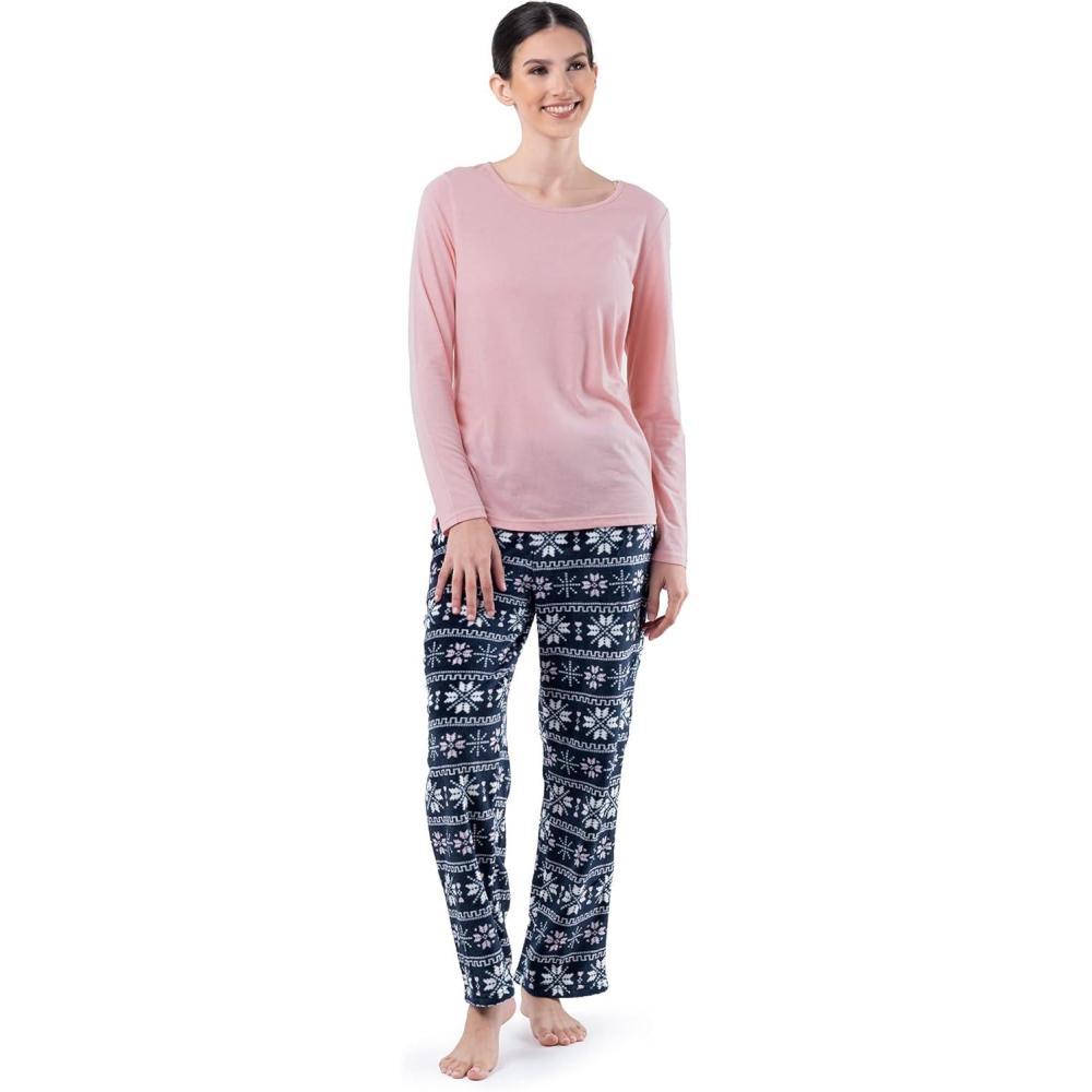 imageFruit of the Loom womens Sueded Jersey Crew Top and Fleece Pant Sleep SetSoft PinkFairisle