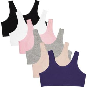 Fruit of the Loom Girls Multi Pack Cotton Built -Up Stretch Sports Bra Available in 6 Packs!(Blueberry/Black/Grey/White/Sand/Blush)
