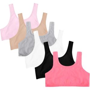 Fruit of the Loom Girls Multi Pack Cotton Built -Up Stretch Sports Bra Available in 6 Packs!(Electric Coral/Black/Grey/White/Sand/Kitty Pink 6-pack)