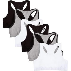Fruit of the Loom Girls Multi Pack Cotton Built -Up Stretch Sports Bra Available in 6 Packs!(Grey With Black/White/Black 6-pack)