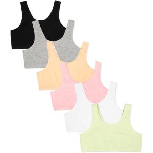 Fruit of the Loom Girls Multi Pack Cotton Built -Up Stretch Sports Bra Available in 6 Packs!(Lentil/Mango/Pink Camo/Grey Heather/White/Black)