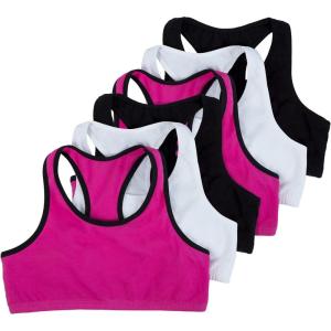 Fruit of the Loom Girls Multi Pack Cotton Built -Up Stretch Sports Bra Available in 6 Packs!(Passion Fruit With Black/White/Black 6-pack)
