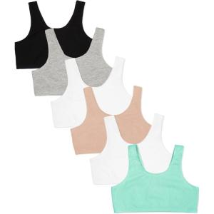 Fruit of the Loom Girls Multi Pack Cotton Built -Up Stretch Sports Bra Available in 6 Packs!(White/Black/Mint/Black/White/Grey)