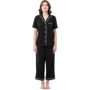Fruit of the Loom Women’s Pipped Button Down Sleep Set(Black)