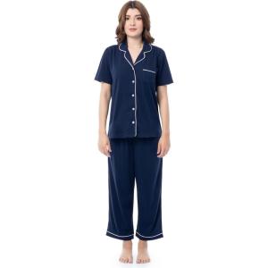 Fruit of the Loom Women’s Pipped Button Down Sleep Set(Navy)