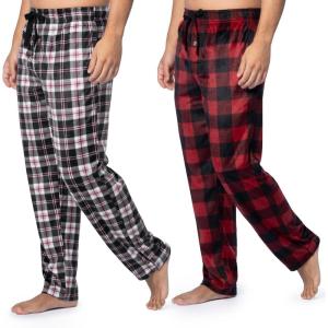 Fruit of the Loom mens Microsuede Fleece Sleep Pajama Pants, 2-pack(Black Plaid/Red Check)