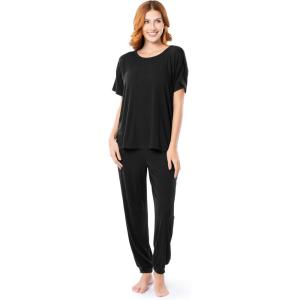 Fruit of the Loom womens Breathable Short Sleeve Top and Jogger Pant Sleep Pajama Set(Black)
