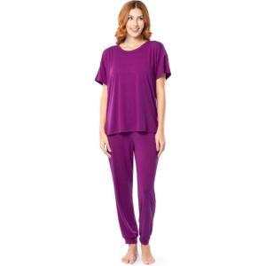 Fruit of the Loom womens Breathable Short Sleeve Top and Jogger Pant Sleep Pajama Set(Boysenberry)