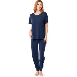 Fruit of the Loom womens Breathable Short Sleeve Top and Jogger Pant Sleep Pajama Set(Midnight Blue)