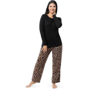Fruit of the Loom womens Sueded Jersey Crew Top and Fleece Pant Sleep Set(Black/Cheetah Print)