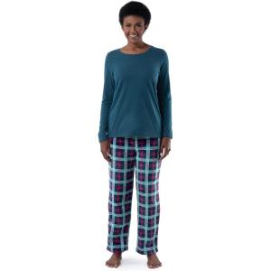 Fruit of the Loom womens Sueded Jersey Crew Top and Fleece Pant Sleep Set(Midnight Blue/Tartan Plaid)
