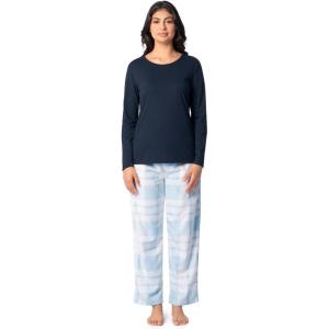 Fruit of the Loom womens Sueded Jersey Crew Top and Fleece Pant Sleep Set(Navy/Snow Plaid)