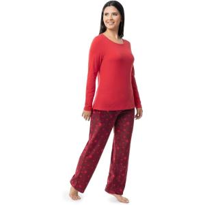 Fruit of the Loom womens Sueded Jersey Crew Top and Fleece Pant Sleep Set(Red/Starry Sky)