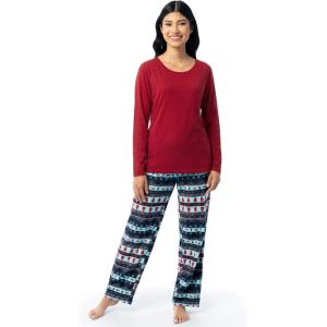 Fruit of the Loom womens Sueded Jersey Crew Top and Fleece Pant Sleep Set(Red/Winter Fairisle)