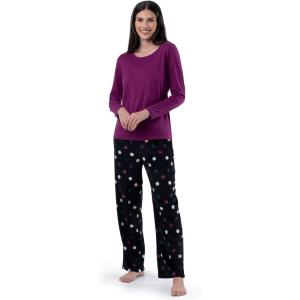 Fruit of the Loom womens Sueded Jersey Crew Top and Fleece Pant Sleep Set(Royal Berry/Multi Dots)