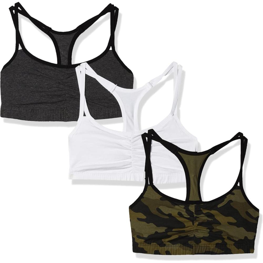 imageFruit of The Loom Womens Spaghetti Strap Cotton Sports Bra AllDay Comfort ampamp Easy MovementCamoWhiteCharcoal With Black